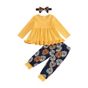 New 12-18 Month 3 Piece Outfit: Ruffle top, Fall Floral Pants and Headband
